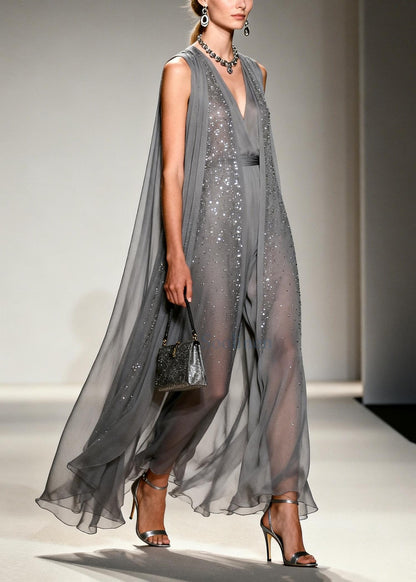 Women Grey Sparkling Zircon Draping Chiffon Dress Two Piece Set Sleeveless