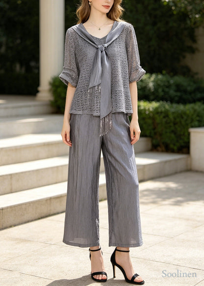 Women Grey Tasseled Hollow Out Knit Two Pieces Set Summer