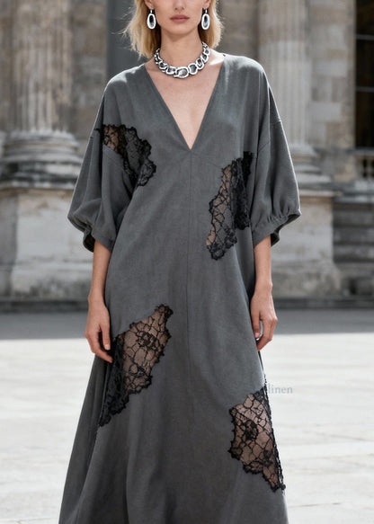 Women Grey V Neck Hollow Out Lace Patchwork Cotton Dresses Summer