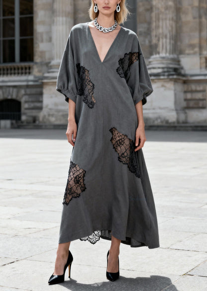 Women Grey V Neck Hollow Out Lace Patchwork Cotton Dresses Summer