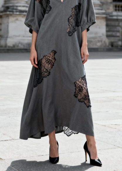 Women Grey V Neck Hollow Out Lace Patchwork Cotton Dresses Summer