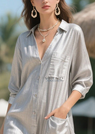 Women Grey V Neck Patchwork Tulle Dress Summer