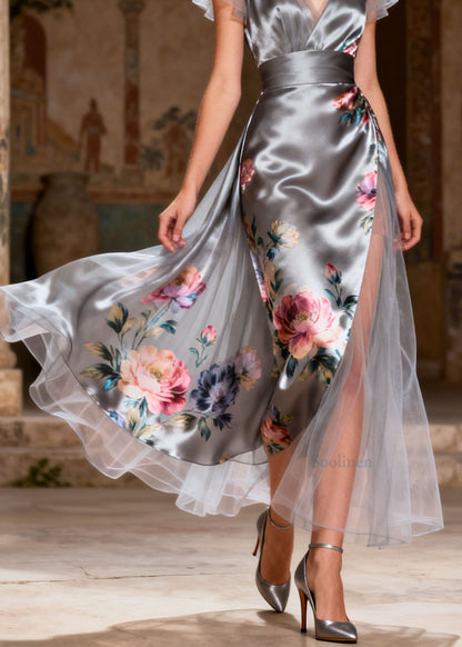 Women Grey V Neck Print Patchwork Silk Dress Summer
