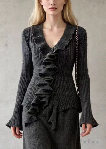 Women Grey V Neck Ruffles Knit Two Pieces Set Spring