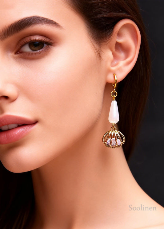 Women Hollow Out Gem Stone Tassels Drop Earrings