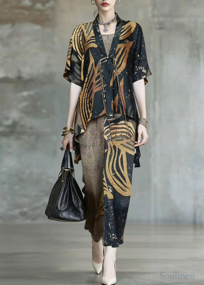 Women Khaki Asymmetrical Leopard Print Silk 3 Piece Suit Set Summer