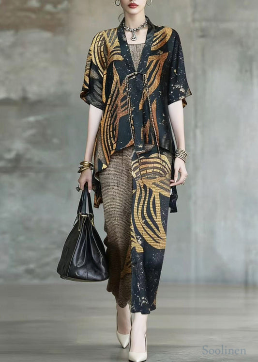Women Khaki Asymmetrical Leopard Print Silk 3 Piece Suit Set Summer