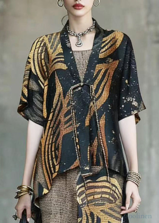 Women Khaki Asymmetrical Leopard Print Silk 3 Piece Suit Set Summer