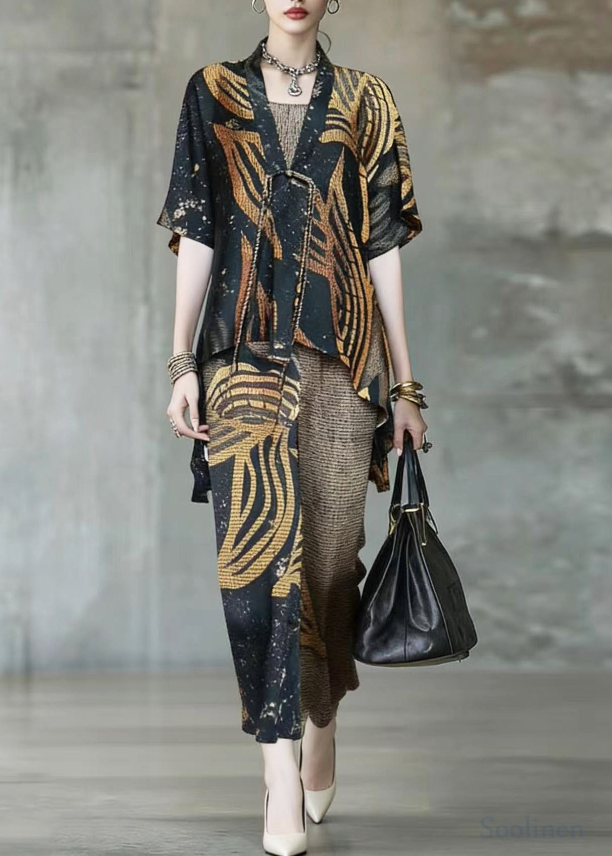 Women Khaki Asymmetrical Leopard Print Silk 3 Piece Suit Set Summer