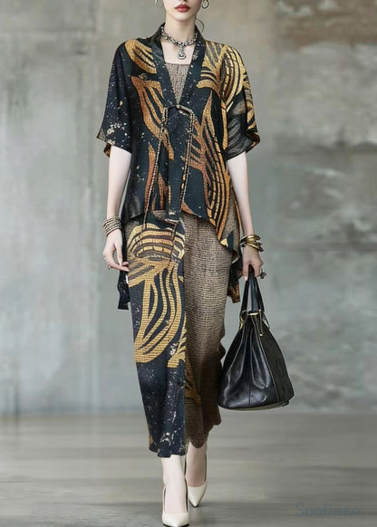 Women Khaki Asymmetrical Leopard Print Silk 3 Piece Suit Set Summer