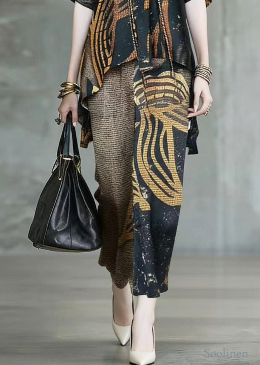 Women Khaki Asymmetrical Leopard Print Silk 3 Piece Suit Set Summer
