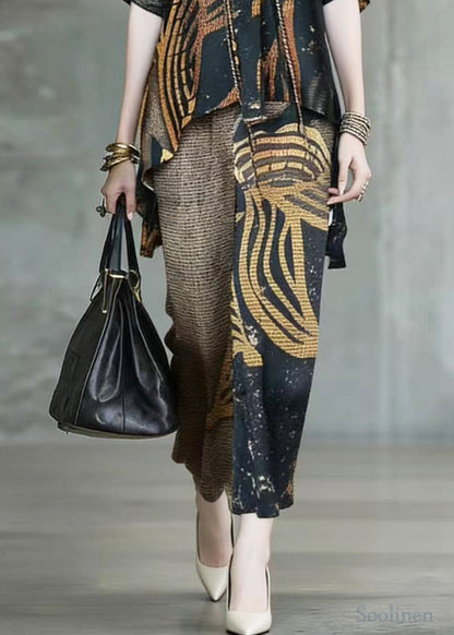 Women Khaki Asymmetrical Leopard Print Silk 3 Piece Suit Set Summer