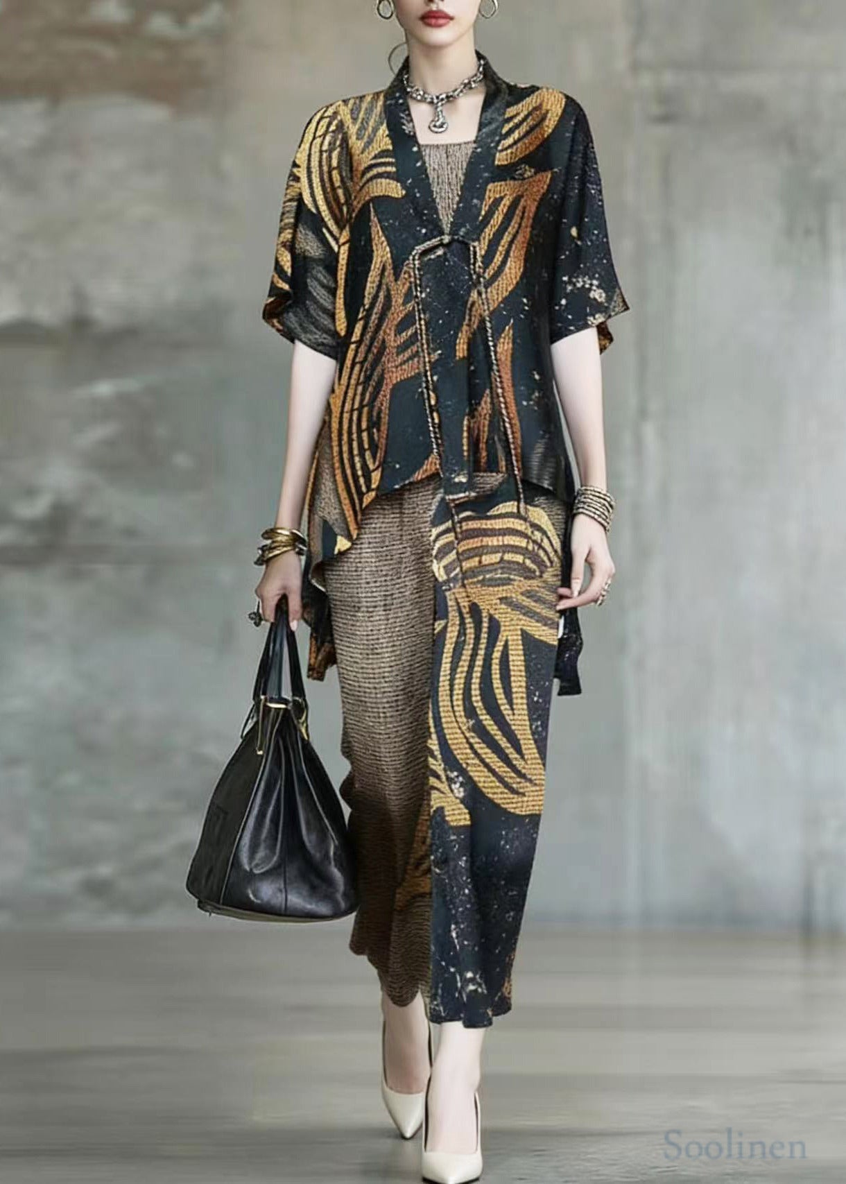 Women Khaki Asymmetrical Leopard Print Silk 3 Piece Suit Set Summer