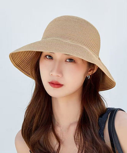Women Khaki Bow Straw Woven Bucket Hat