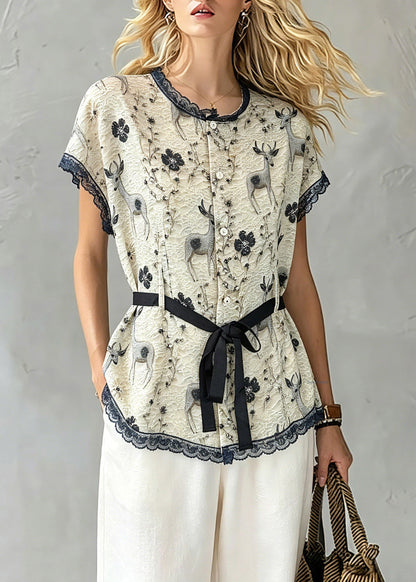 Women Khaki Lace Patchwork Tie Waist Silk Tops Short Sleeve