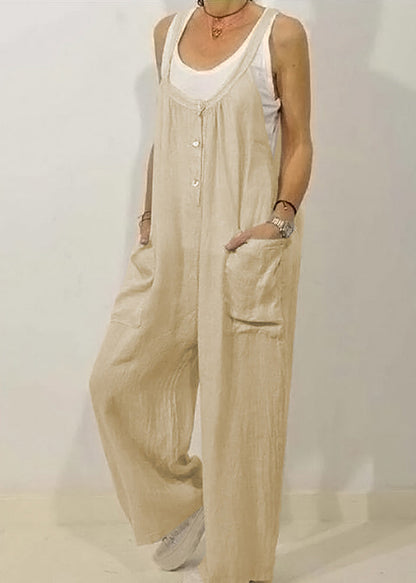 Women Khaki O-Neck Button Solid Jumpsuits Sleeveless