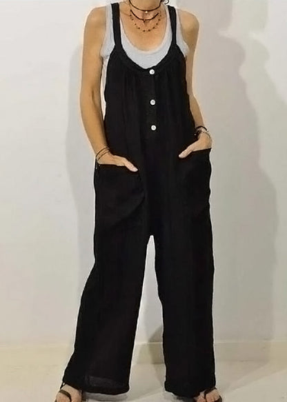 Women Khaki O-Neck Button Solid Jumpsuits Sleeveless
