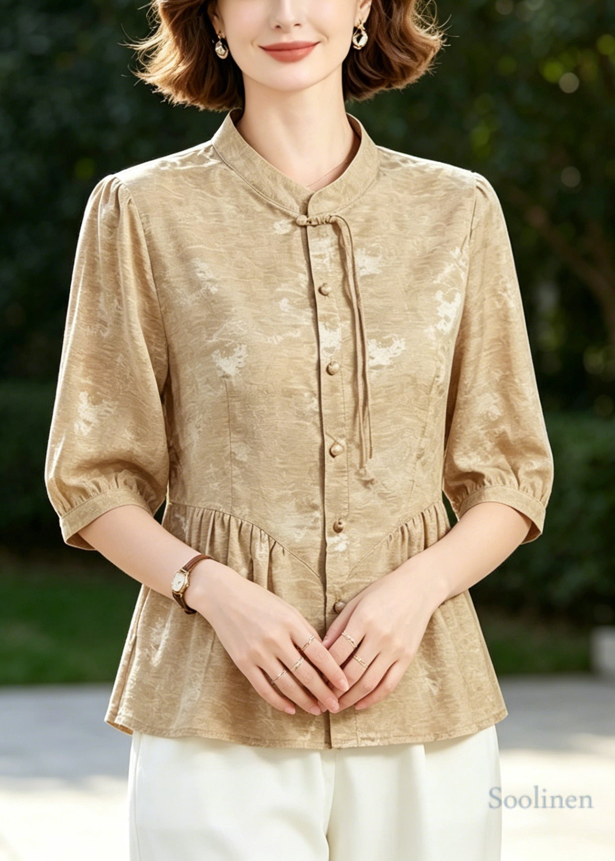 Women Khaki Tasseled Wrinkled Silk Blouse Tops Half Sleeve