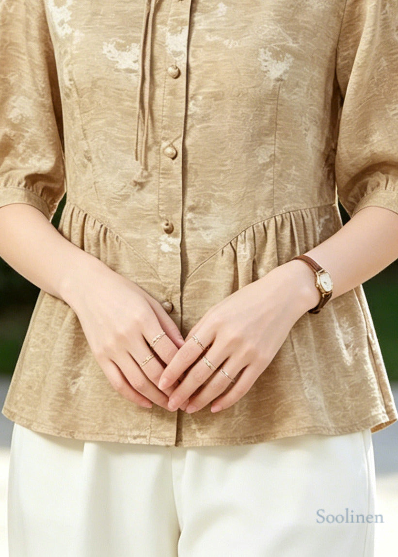 Women Khaki Tasseled Wrinkled Silk Blouse Tops Half Sleeve