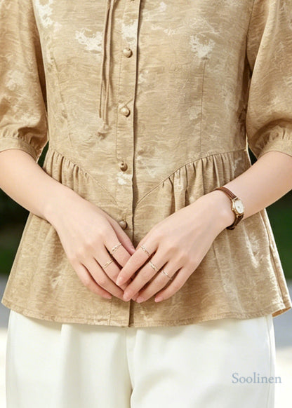 Women Khaki Tasseled Wrinkled Silk Blouse Tops Half Sleeve