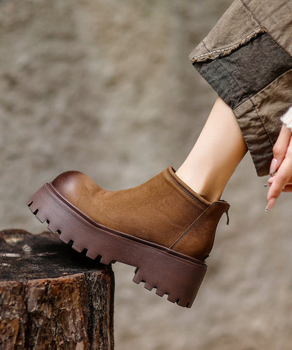 Women Khaki Zippered Splicing Platform Cowhide Leather Ankle Boots