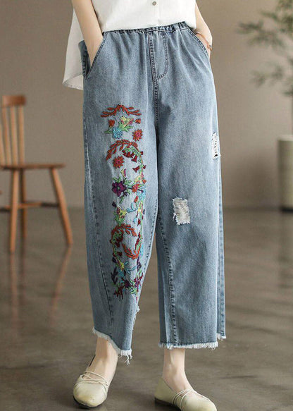 Women Light Blue Embroidered Pockets Patchwork Crop Jeans Summer