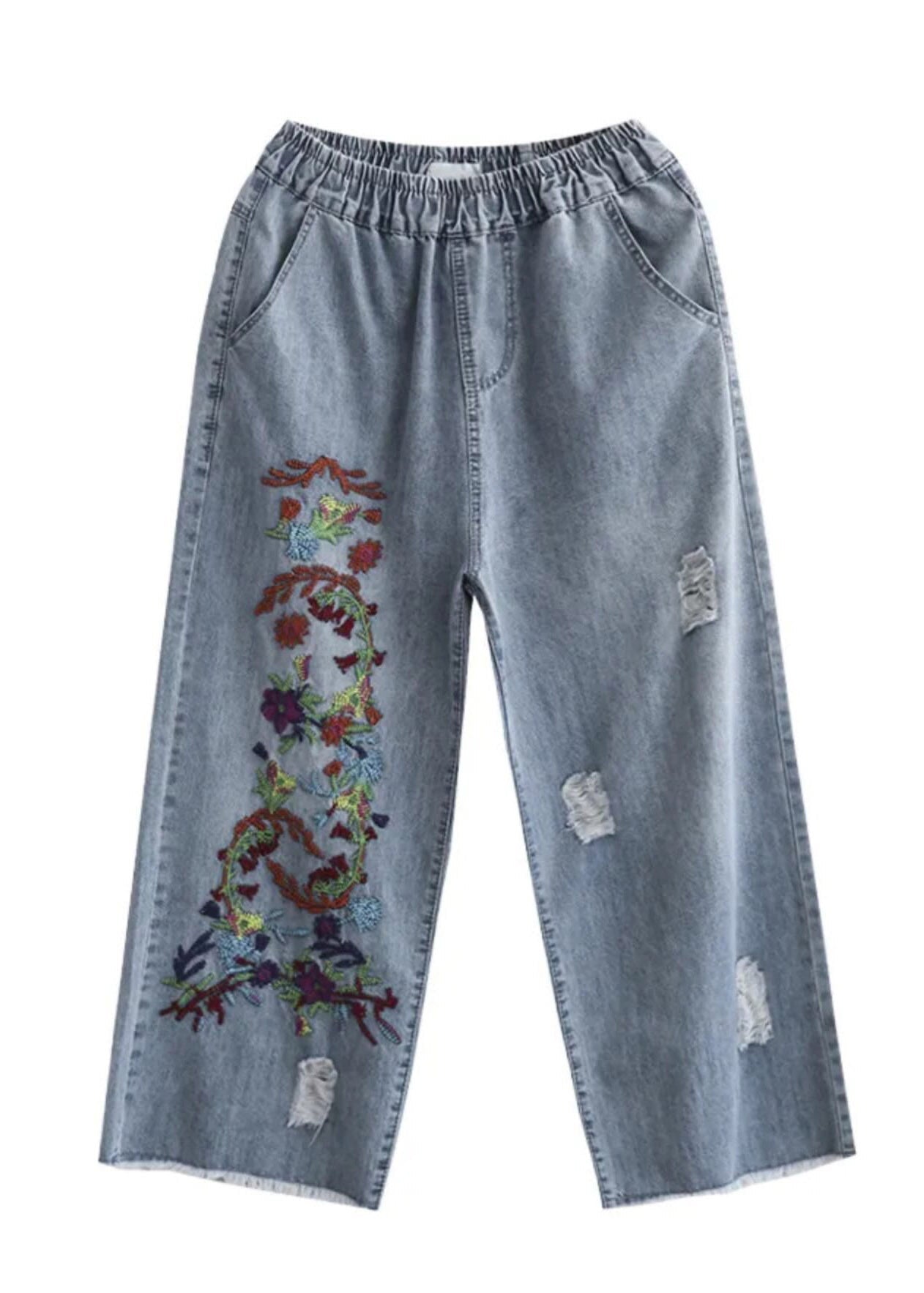 Women Light Blue Embroidered Pockets Patchwork Crop Jeans Summer