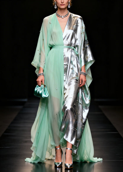 Women Light Green Asymmetrical Patchwork Jacquard Chiffon Party Dress Summer