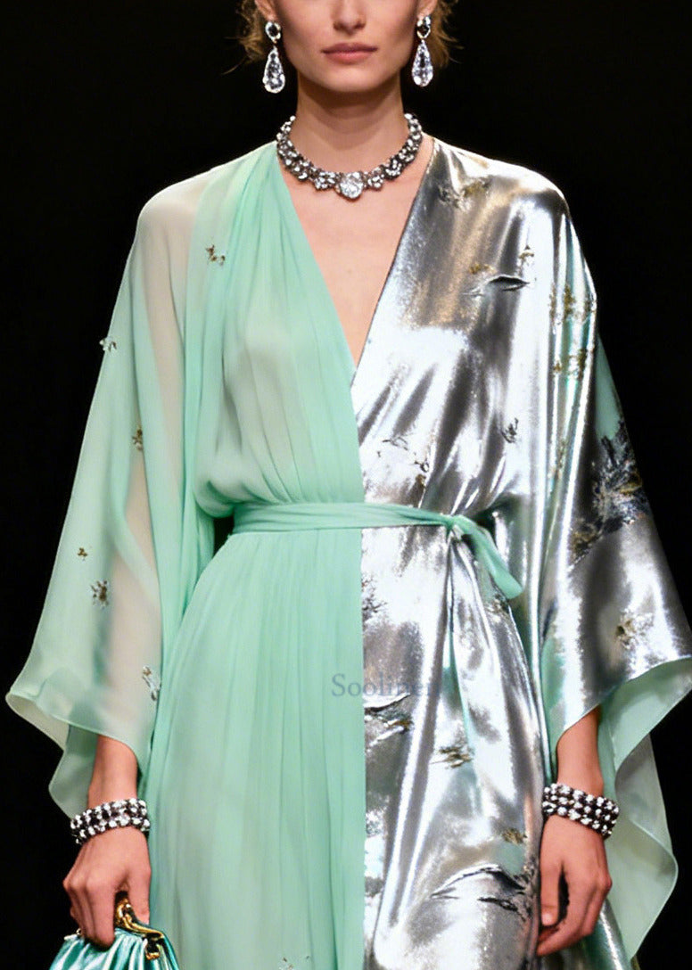 Women Light Green Asymmetrical Patchwork Jacquard Chiffon Party Dress Summer