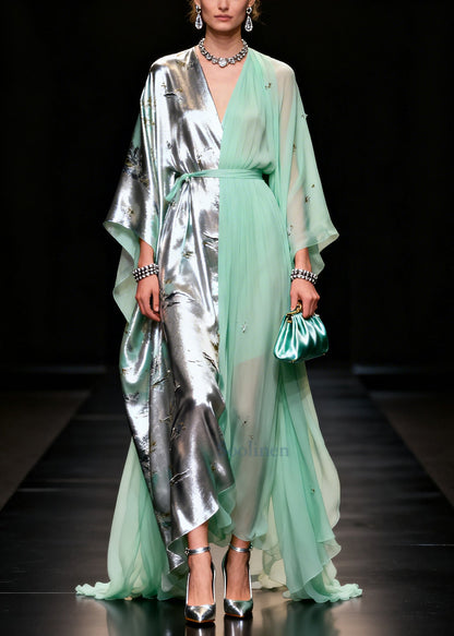 Women Light Green Asymmetrical Patchwork Jacquard Chiffon Party Dress Summer