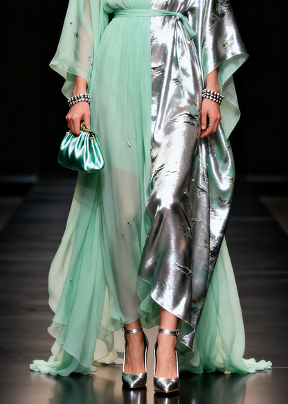 Women Light Green Asymmetrical Patchwork Jacquard Chiffon Party Dress Summer