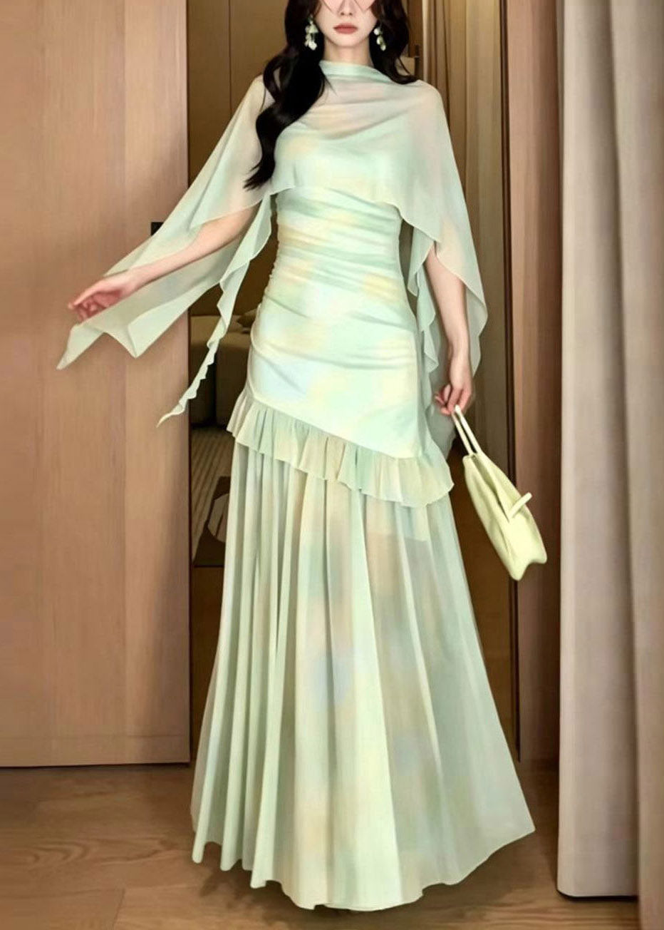 Women Light Green Print Tulle Maxi Dress And Cape Two Piece Set Summer