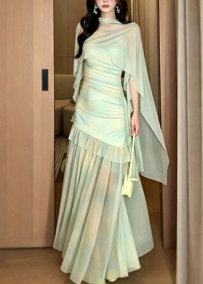 Women Light Green Print Tulle Maxi Dress And Cape Two Piece Set Summer