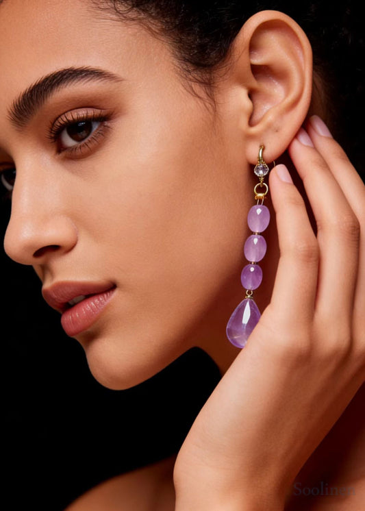 Women Light Purple Droplet Shape Crystal Drop Earrings