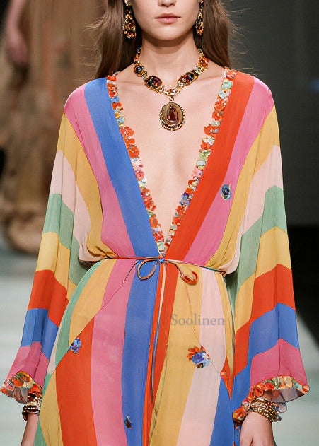 Women Multicolored Striped Asymmetrical Ruffled Chiffon Holiday Dress Summer