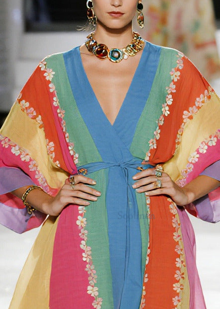Women Multicolored Striped Flower Cotton Tunic Dress Summer
