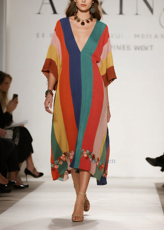 Women Multicolored Striped Flower Decorated Cotton Dresses Summer