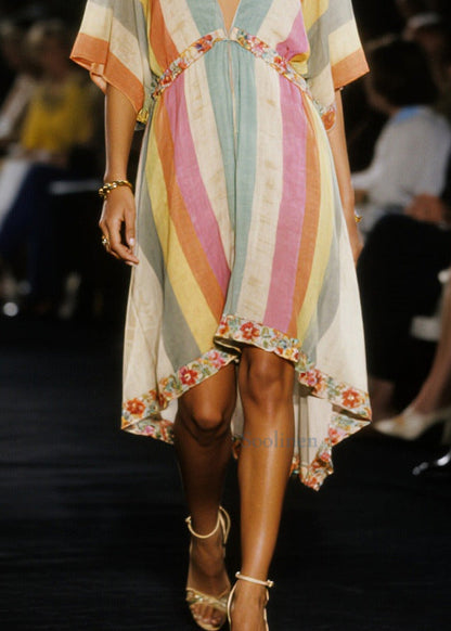 Women Multicolored V Neck Patchwork Cotton Mid Dress Summer