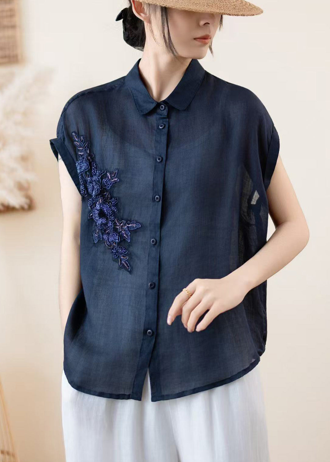 Women Navy Embroidered Linen Shirt Top Summer