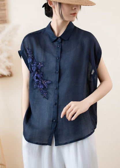 Women Navy Embroidered Linen Shirt Top Summer