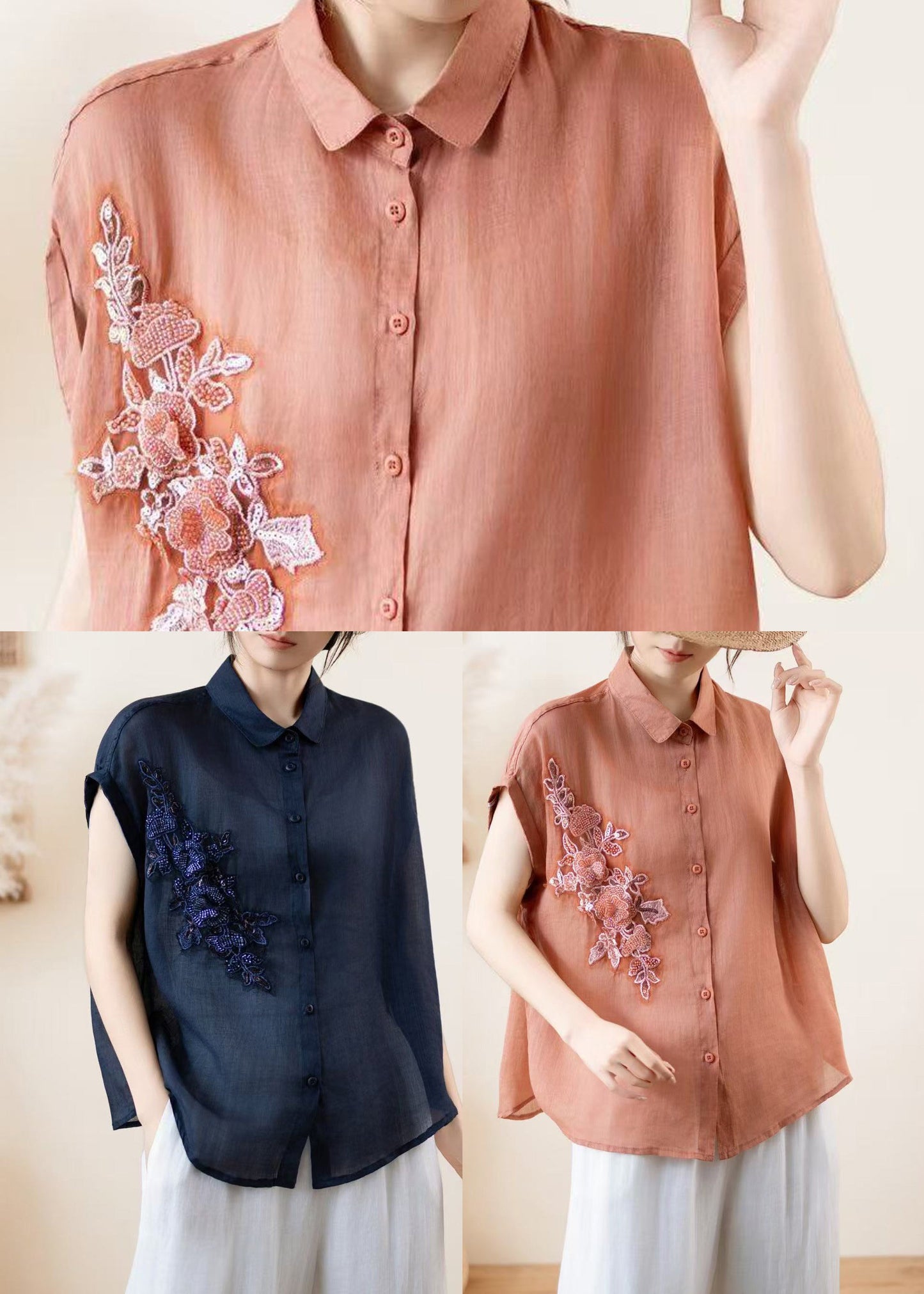 Women Navy Embroidered Linen Shirt Top Summer