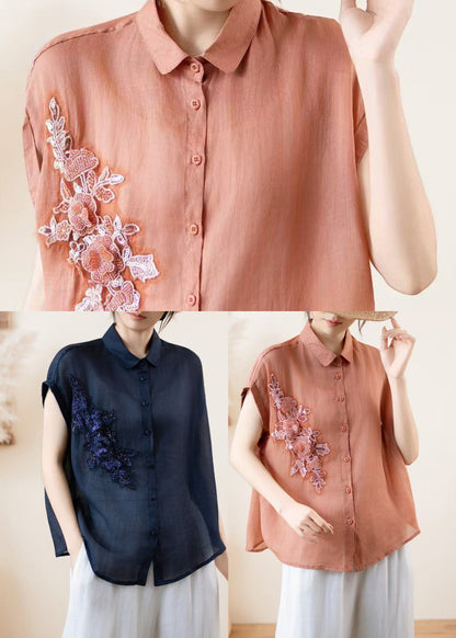 Women Navy Embroidered Linen Shirt Top Summer