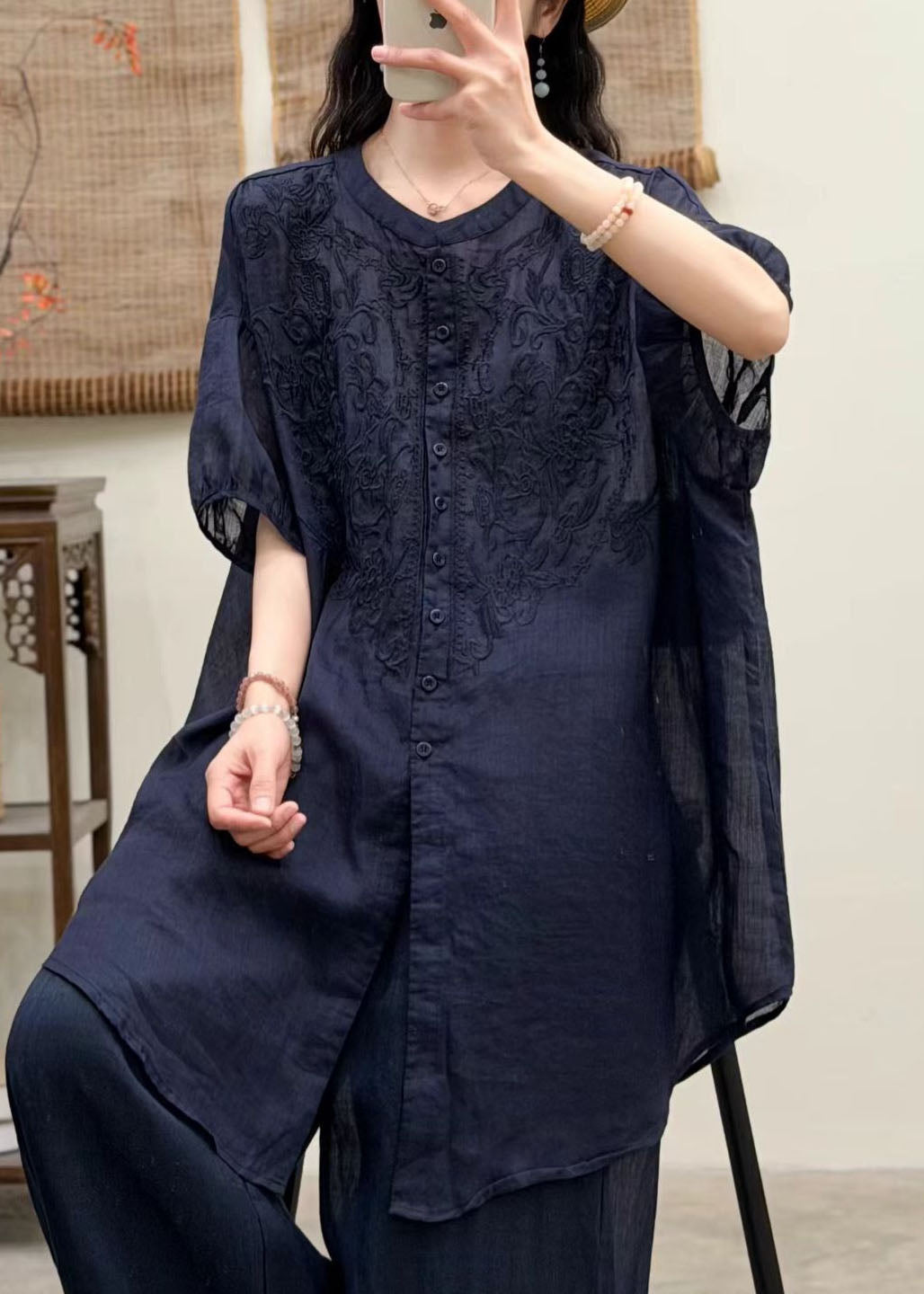 Women Navy O-Neck Embroidered Linen Shirt Top Summer