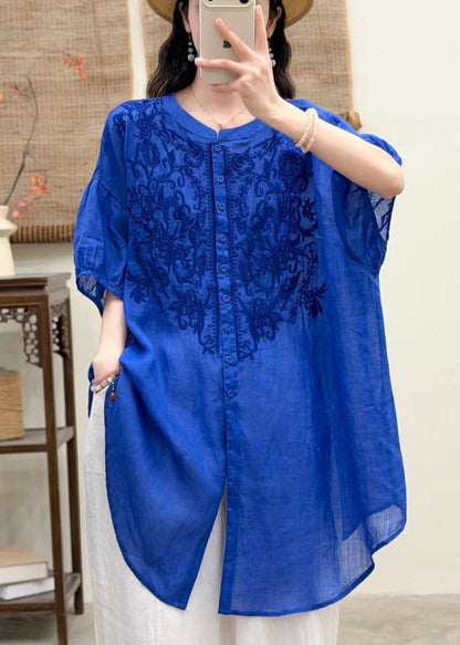 Women Navy O-Neck Embroidered Linen Shirt Top Summer