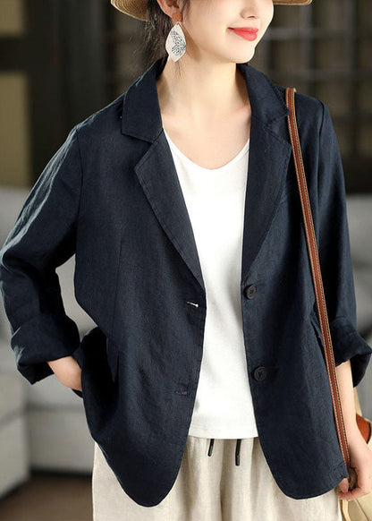 Women Navy Peter Pan Collar Pockets Linen Coats Long Sleeve