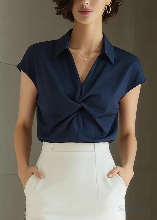 Women Navy Peter Pan Collar Wrinkled Spandex Shirt Summer
