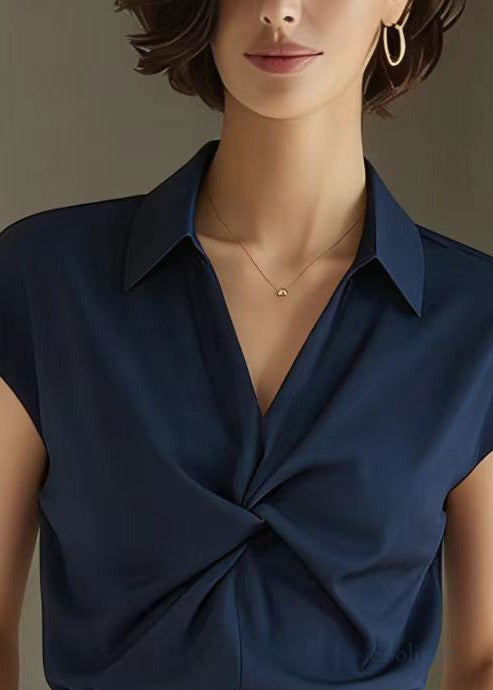 Women Navy Peter Pan Collar Wrinkled Spandex Shirt Summer