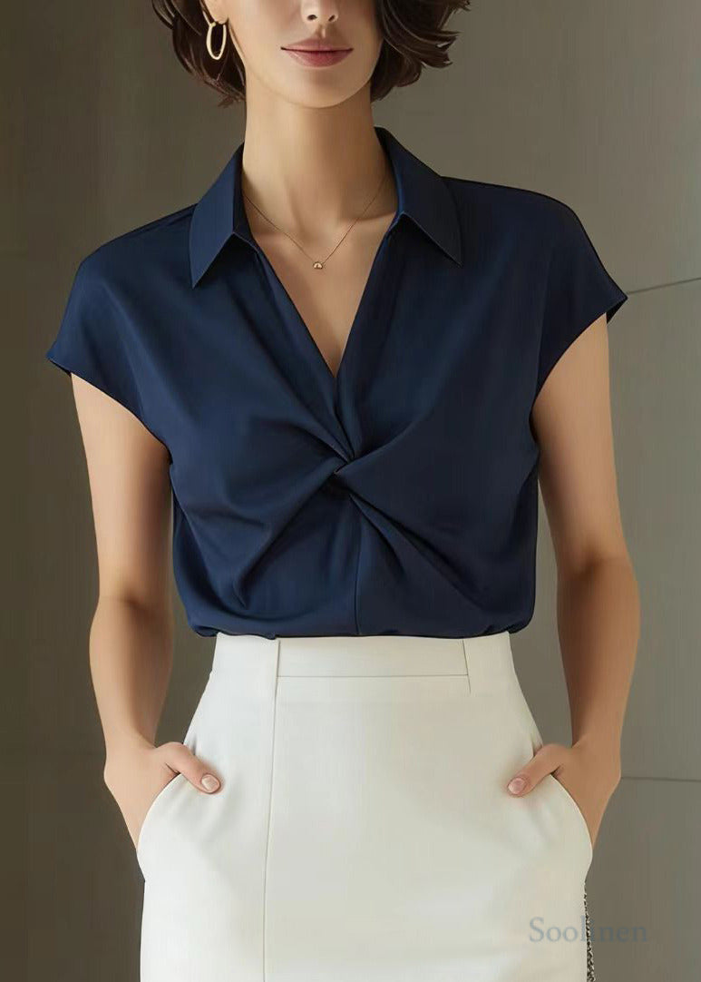 Women Navy Peter Pan Collar Wrinkled Spandex Shirt Summer