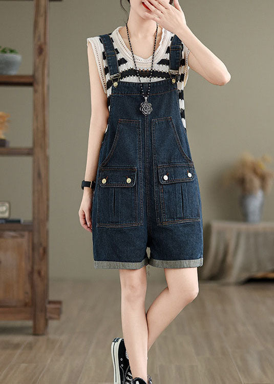 Women Navy Pockets Denim Overalls Jumpsuit Summer