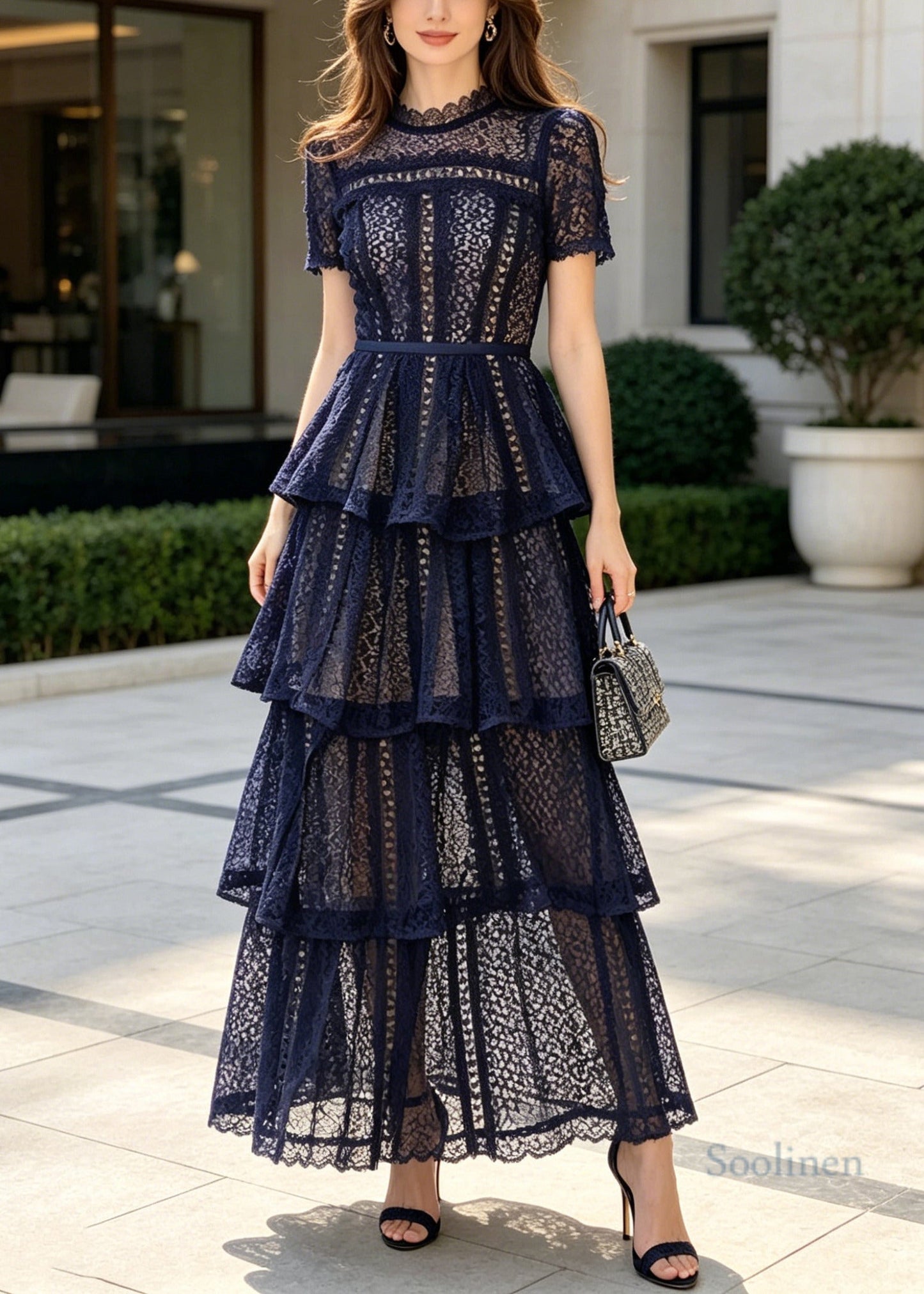 Women Navy Ruffled Hollow Out Lace Holiday Dress Summer
